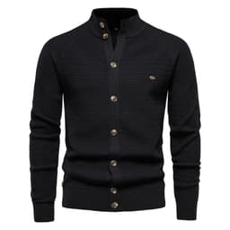 image-Men's Cotton Cardigan Sweater Stand Collar Navy Blue XXL
