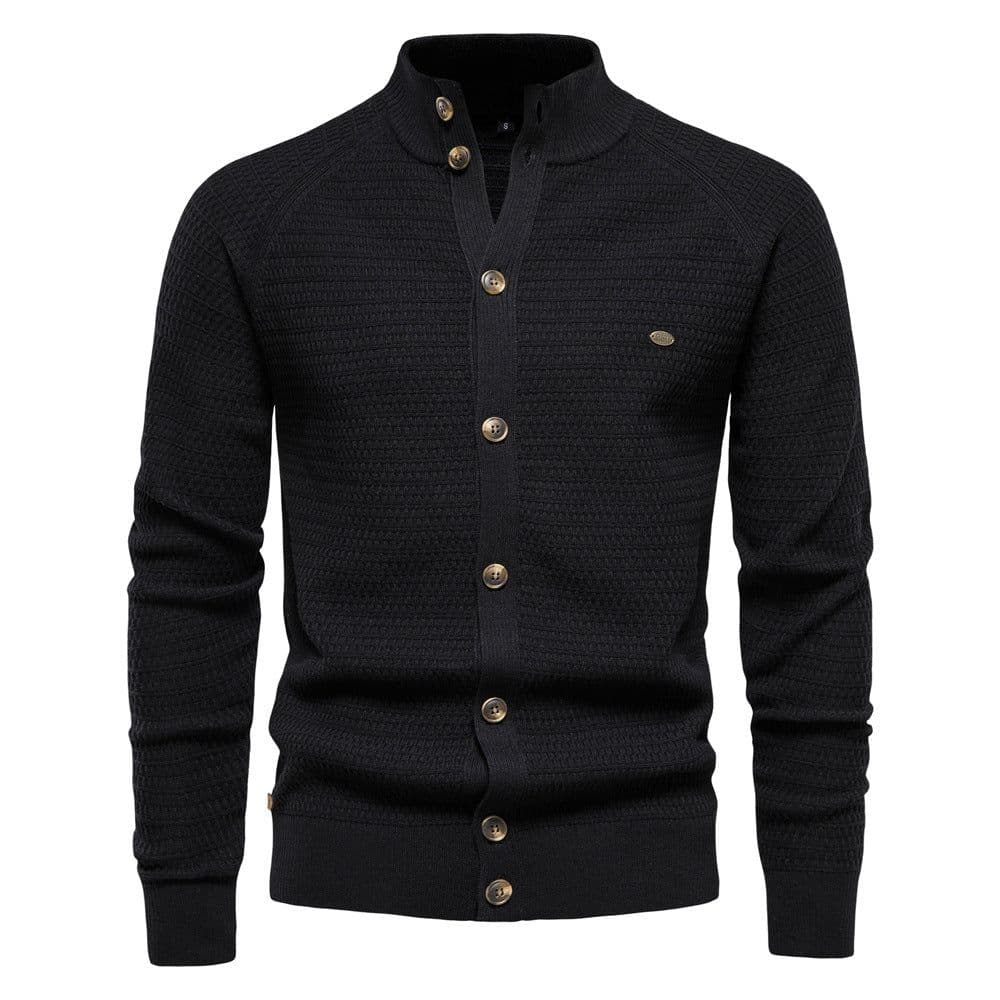image-Men's Cotton Cardigan Sweater Stand Collar Navy Blue XXL