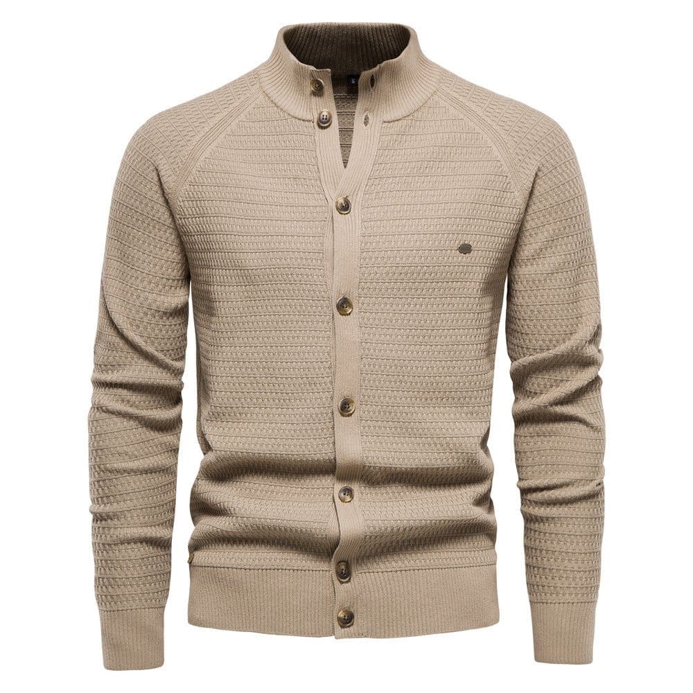 image-Men's Cotton Cardigan Sweater Stand Collar Navy Blue XXL