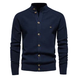 image-Men's Cotton Cardigan Sweater Stand Collar Navy Blue XXL