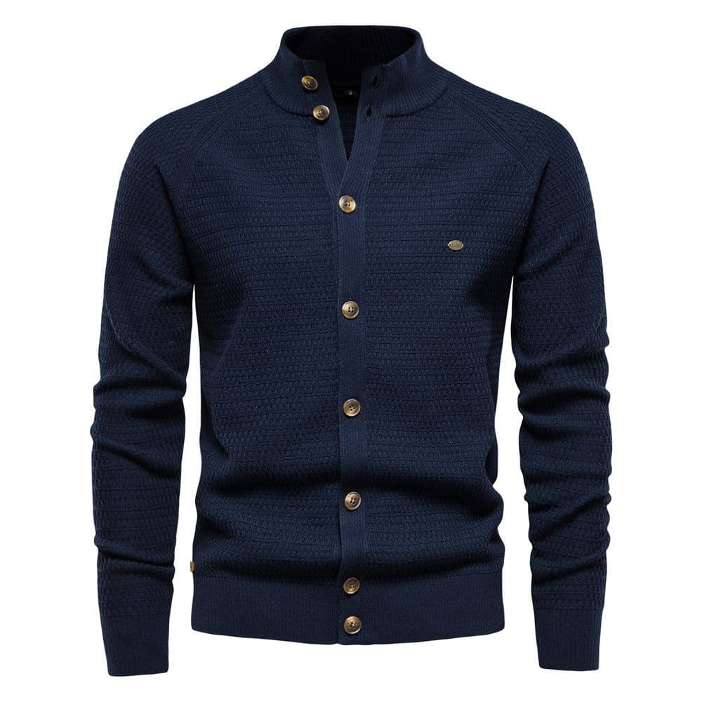 image-Men's Cotton Cardigan Sweater Stand Collar Navy Blue XXL