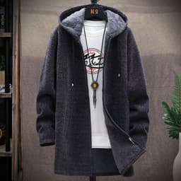 image-Men's Korean Hooded Cardigan Sweater Fleece Knit Coat