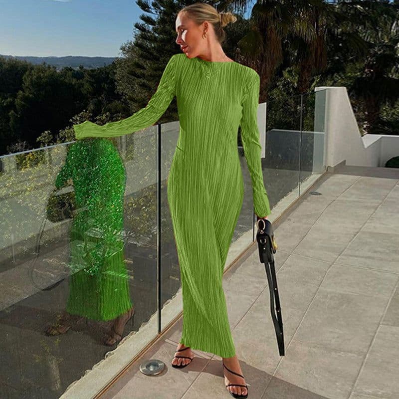 image-Women's Long Sleeve Bodycon Dress Round Neck Solid Color
