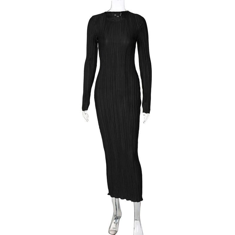 image-Women's Long Sleeve Bodycon Dress Round Neck Solid Color
