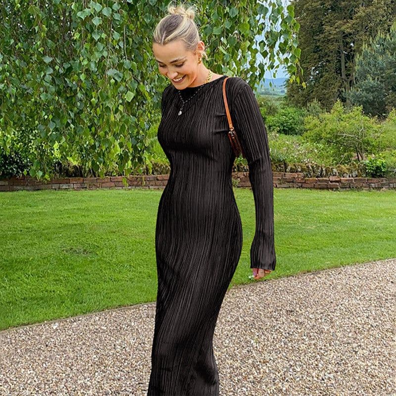 image-Women's Long Sleeve Bodycon Dress Round Neck Solid Color