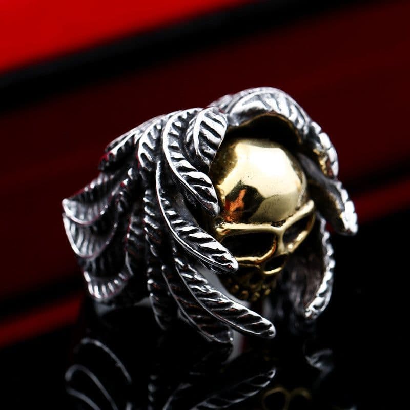 image-Iron Warrior Titanium Steel Winged Skull Ring Men's Punk Jewelry