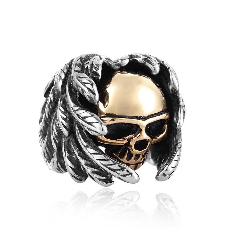 image-Iron Warrior Titanium Steel Winged Skull Ring Men's Punk Jewelry