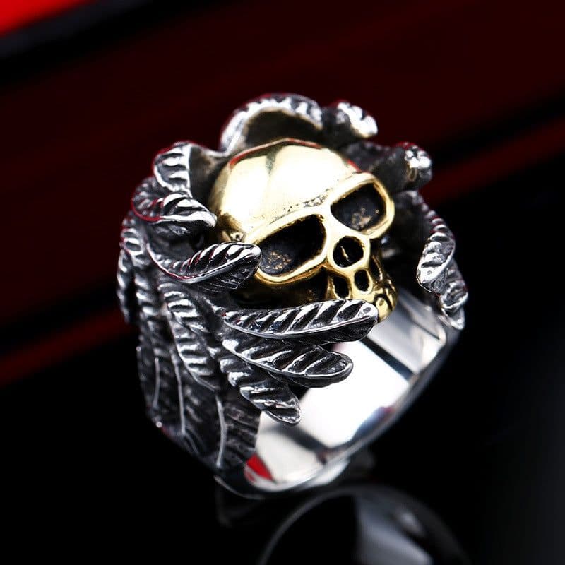image-Iron Warrior Titanium Steel Winged Skull Ring Men's Punk Jewelry