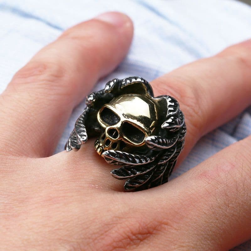 image-Iron Warrior Titanium Steel Winged Skull Ring Men's Punk Jewelry