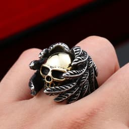 image-Iron Warrior Titanium Steel Winged Skull Ring Men's Punk Jewelry