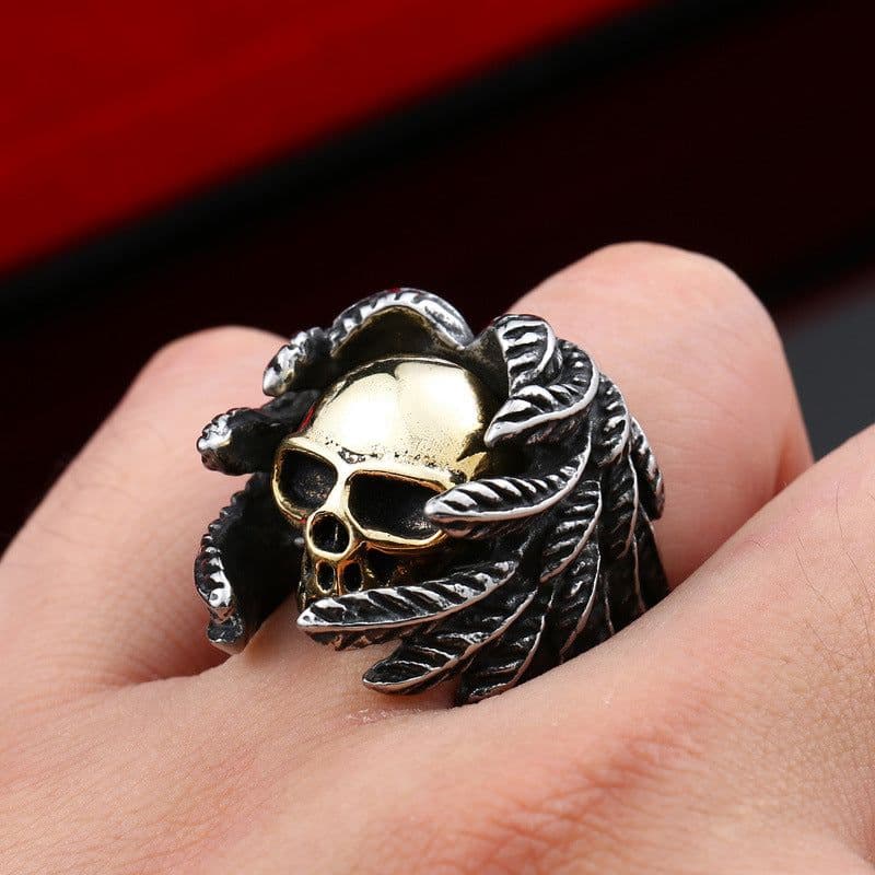 image-Iron Warrior Titanium Steel Winged Skull Ring Men's Punk Jewelry
