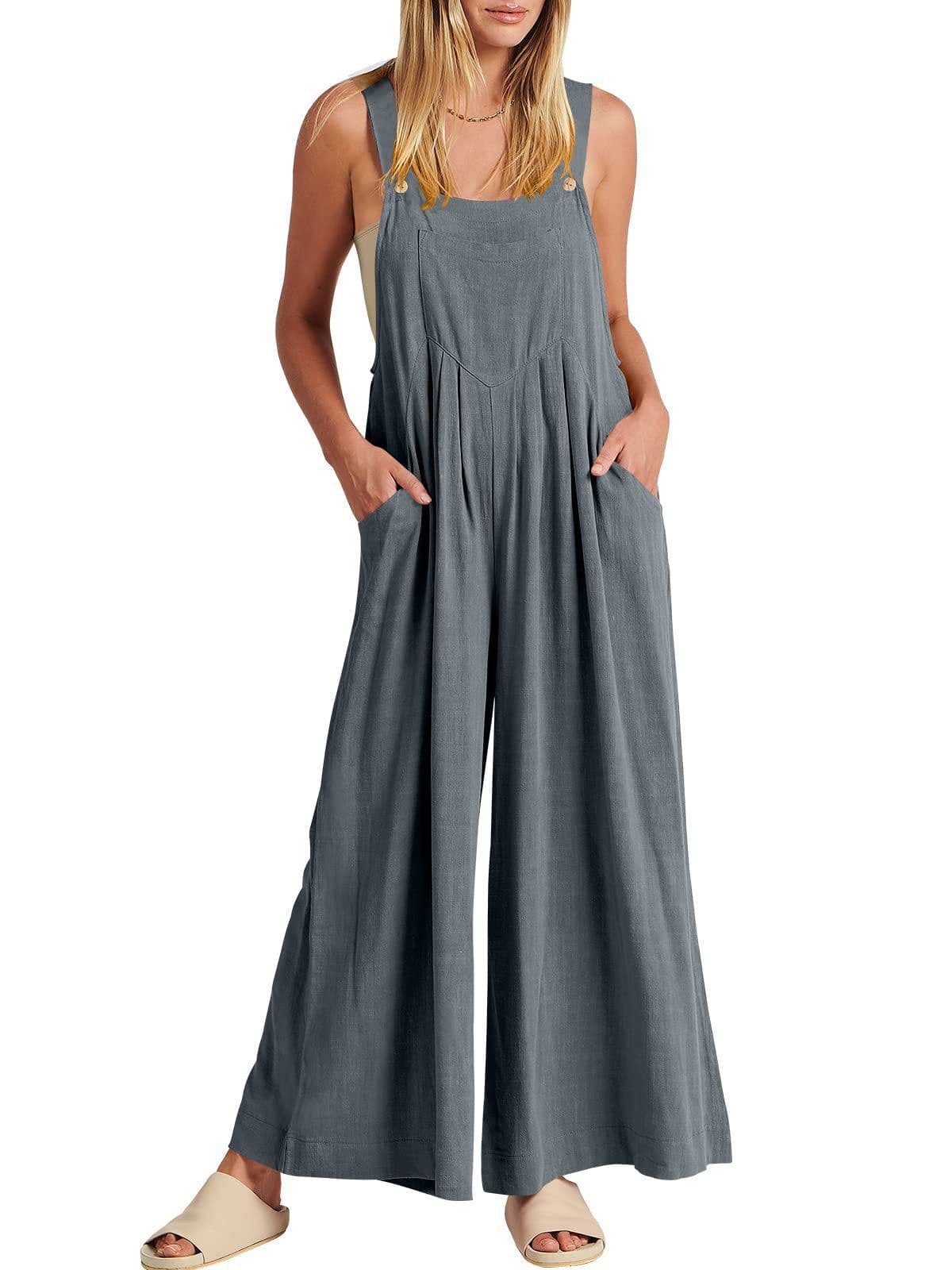 image-Women's Sleeveless Linen Blend Jumpsuit Casual Wide Leg Overalls