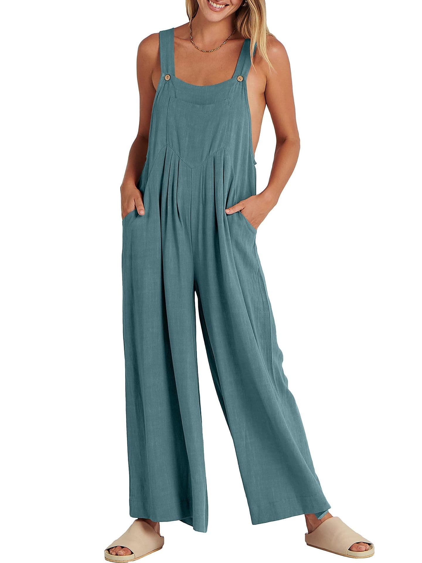 image-Women's Sleeveless Linen Blend Jumpsuit Casual Wide Leg Overalls