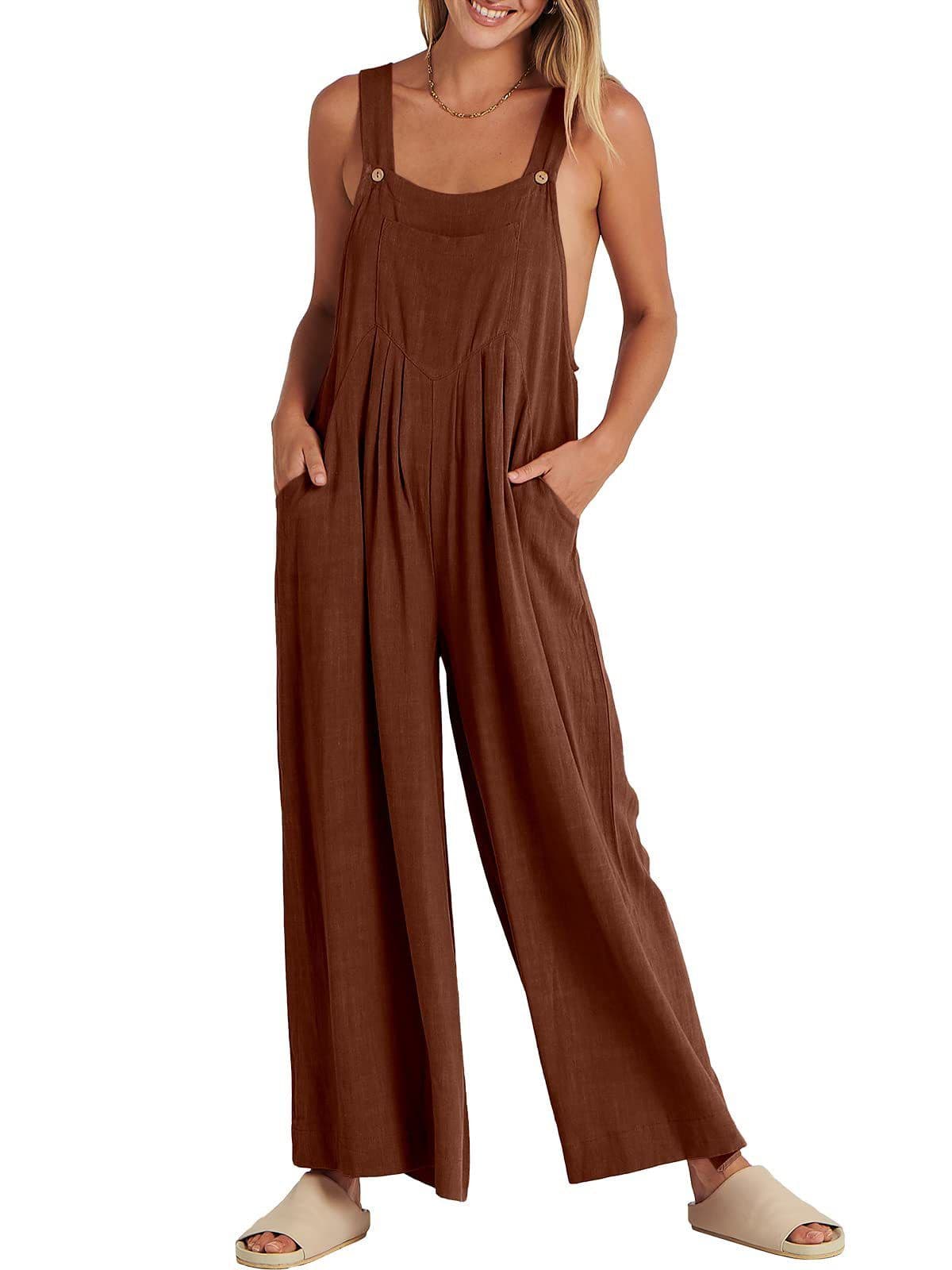 image-Women's Sleeveless Linen Blend Jumpsuit Casual Wide Leg Overalls