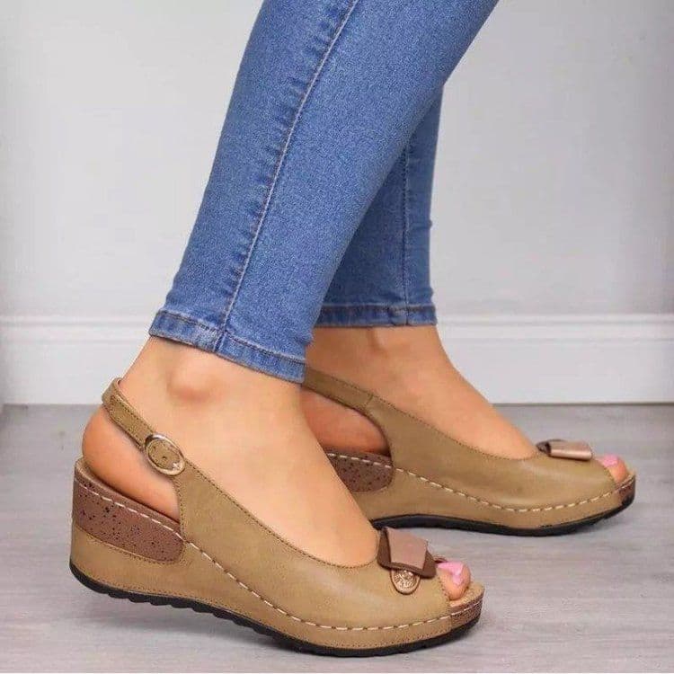 image-Women's Roman Wedge Sandals Fish Mouth Buckle Grey PU Leather