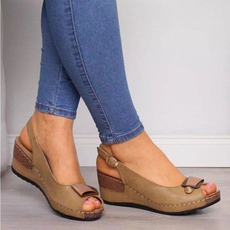 image-Women's Roman Wedge Sandals Fish Mouth Buckle Grey PU Leather