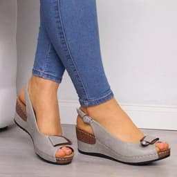 image-Women's Roman Wedge Sandals Fish Mouth Buckle Grey PU Leather