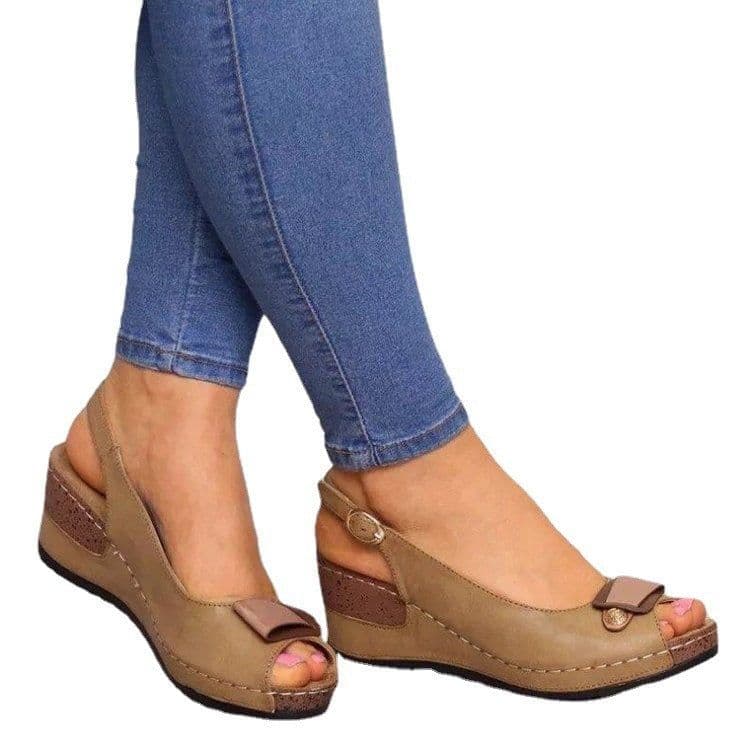 image-Women's Roman Wedge Sandals Fish Mouth Buckle Grey PU Leather