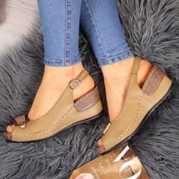 image-Women's Roman Wedge Sandals Fish Mouth Buckle Grey PU Leather