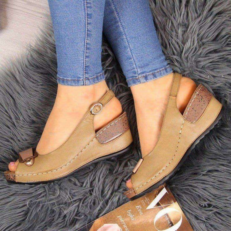 image-Women's Roman Wedge Sandals Fish Mouth Buckle Grey PU Leather