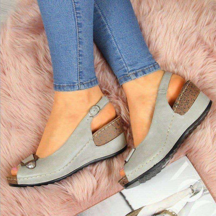 image-Women's Roman Wedge Sandals Fish Mouth Buckle Grey PU Leather