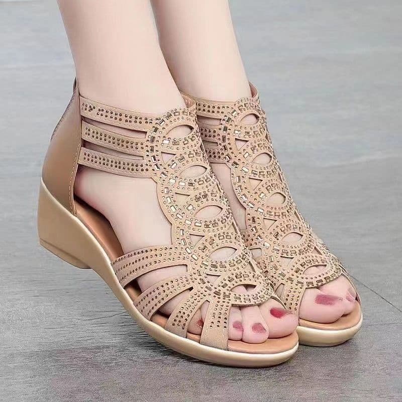 image-Women's PU Leather Roman Sandals Wedge Fish Toe Champagne