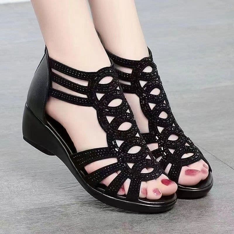 image-Women's PU Leather Roman Sandals Wedge Fish Toe Champagne
