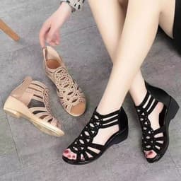 image-Women's PU Leather Roman Sandals Wedge Fish Toe Champagne