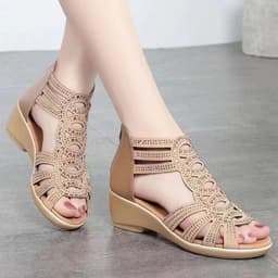 image-Women's PU Leather Roman Sandals Wedge Fish Toe Champagne