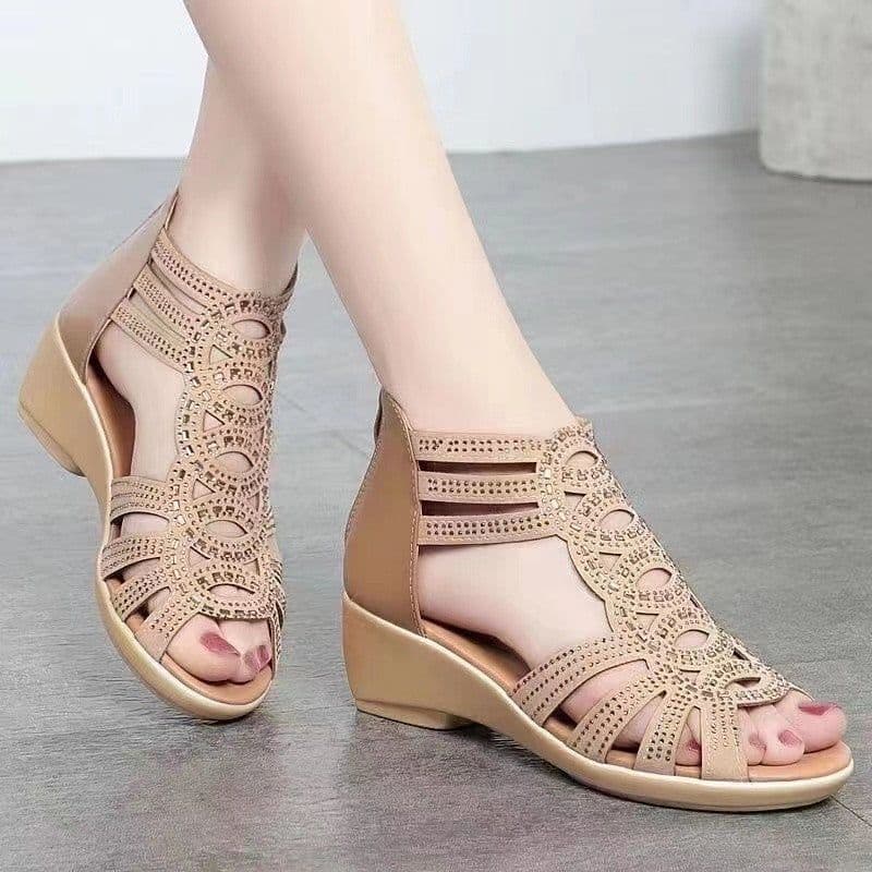 image-Women's PU Leather Roman Sandals Wedge Fish Toe Champagne