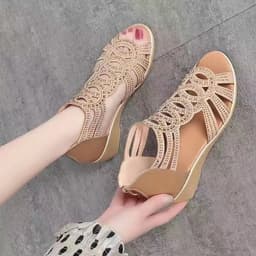 image-Women's PU Leather Roman Sandals Wedge Fish Toe Champagne