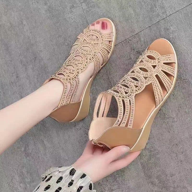 image-Women's PU Leather Roman Sandals Wedge Fish Toe Champagne