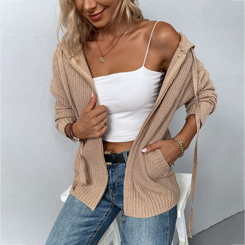 image-Drizzle Women's Hooded Cardigan Sweater with Zipper and Pockets