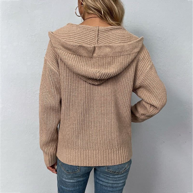 image-Drizzle Women's Hooded Cardigan Sweater with Zipper and Pockets