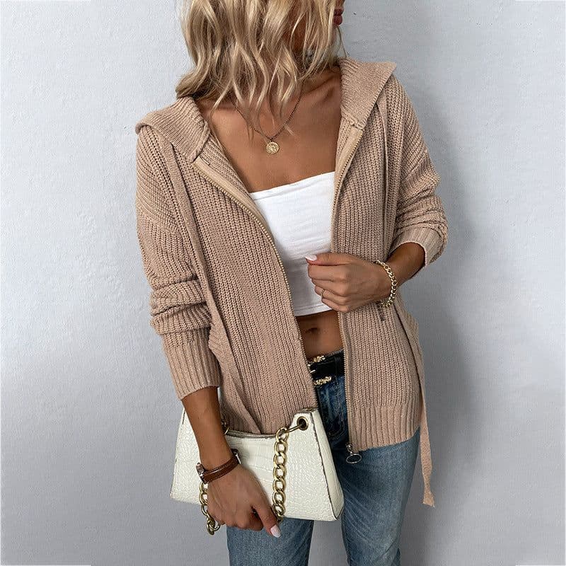 image-Drizzle Women's Hooded Cardigan Sweater with Zipper and Pockets