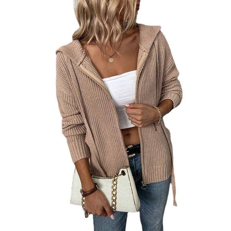 image-Drizzle Women's Hooded Cardigan Sweater with Zipper and Pockets