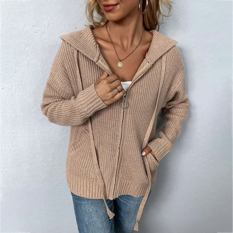 image-Drizzle Women's Hooded Cardigan Sweater with Zipper and Pockets