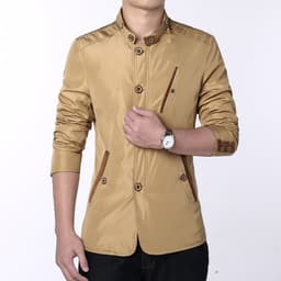 image-Men's Slim Fit Cotton Jacket - Brown Zip Front Casual Coat