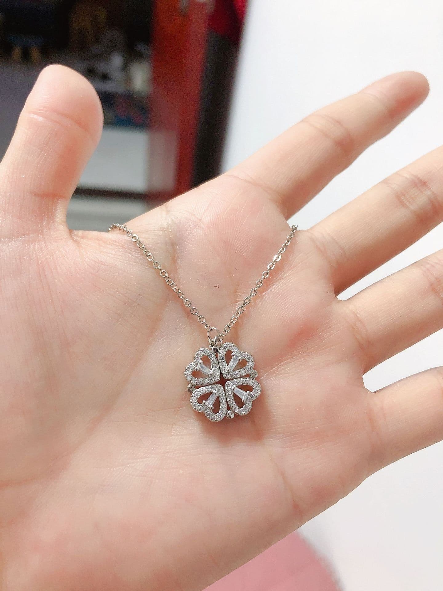 image-Lucky Four-Leaf Clover Multi-Wear Rhinestone Heart Necklace