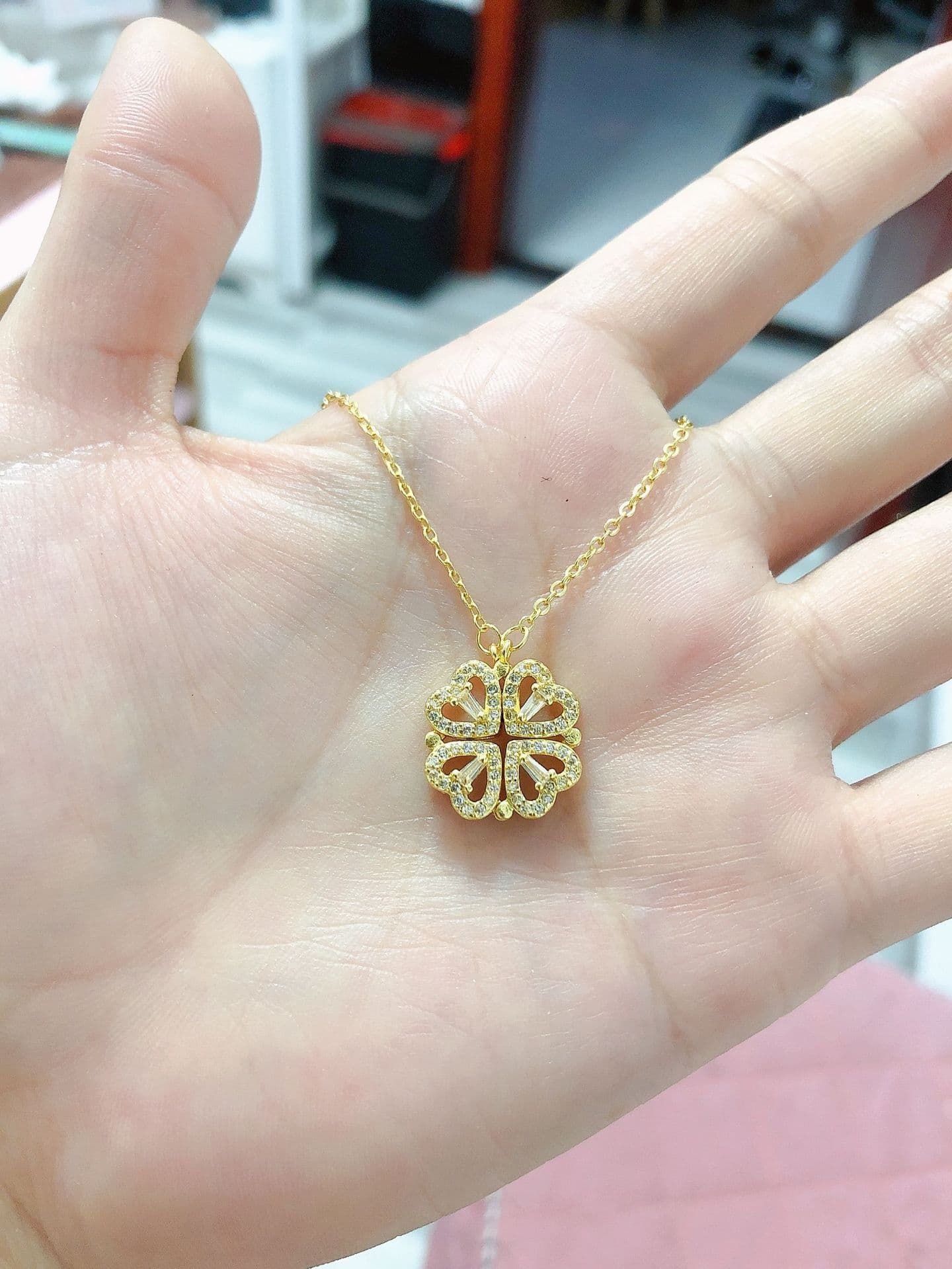 image-Lucky Four-Leaf Clover Multi-Wear Rhinestone Heart Necklace