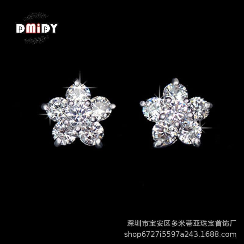 image-925 Sterling Silver Zircon Petal Stud Earrings Hypoallergenic