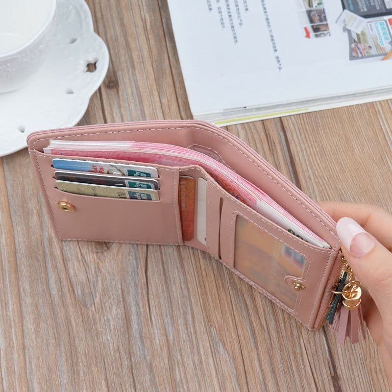 image-Women's Short Wallet Mini Coin Purse with Zipper Tassel