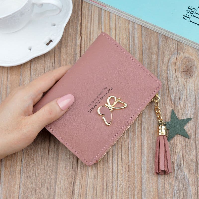 image-Women's Short Wallet Mini Coin Purse with Zipper Tassel