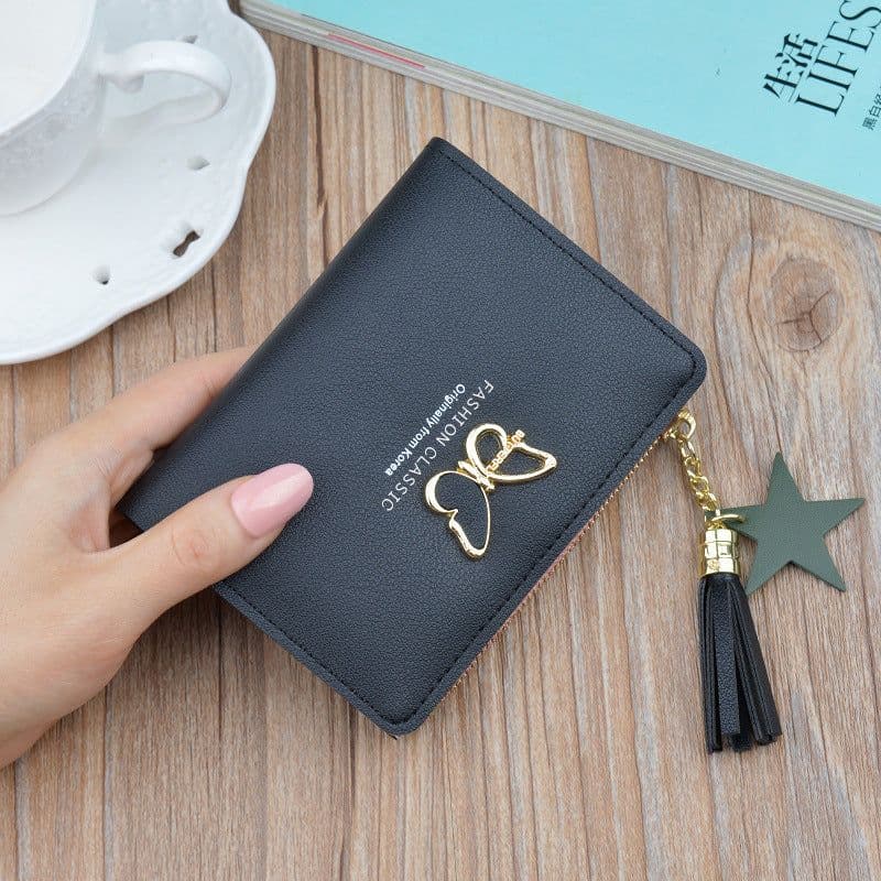 image-Women's Short Wallet Mini Coin Purse with Zipper Tassel