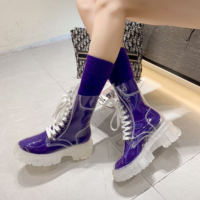 image-Women's Transparent PVC Rain Boots Mid-Calf Jelly Waterproof Shoes
