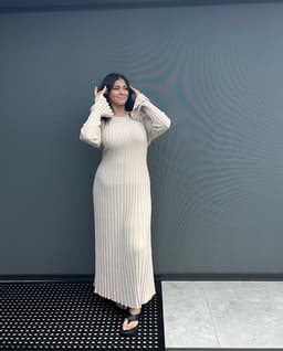 image-Women's Knitted A-Line Dress Long Sleeve High Waist Black
