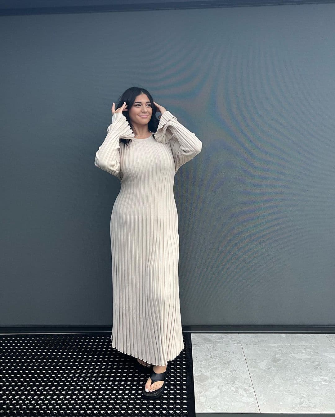 image-Women's Knitted A-Line Dress Long Sleeve High Waist Black