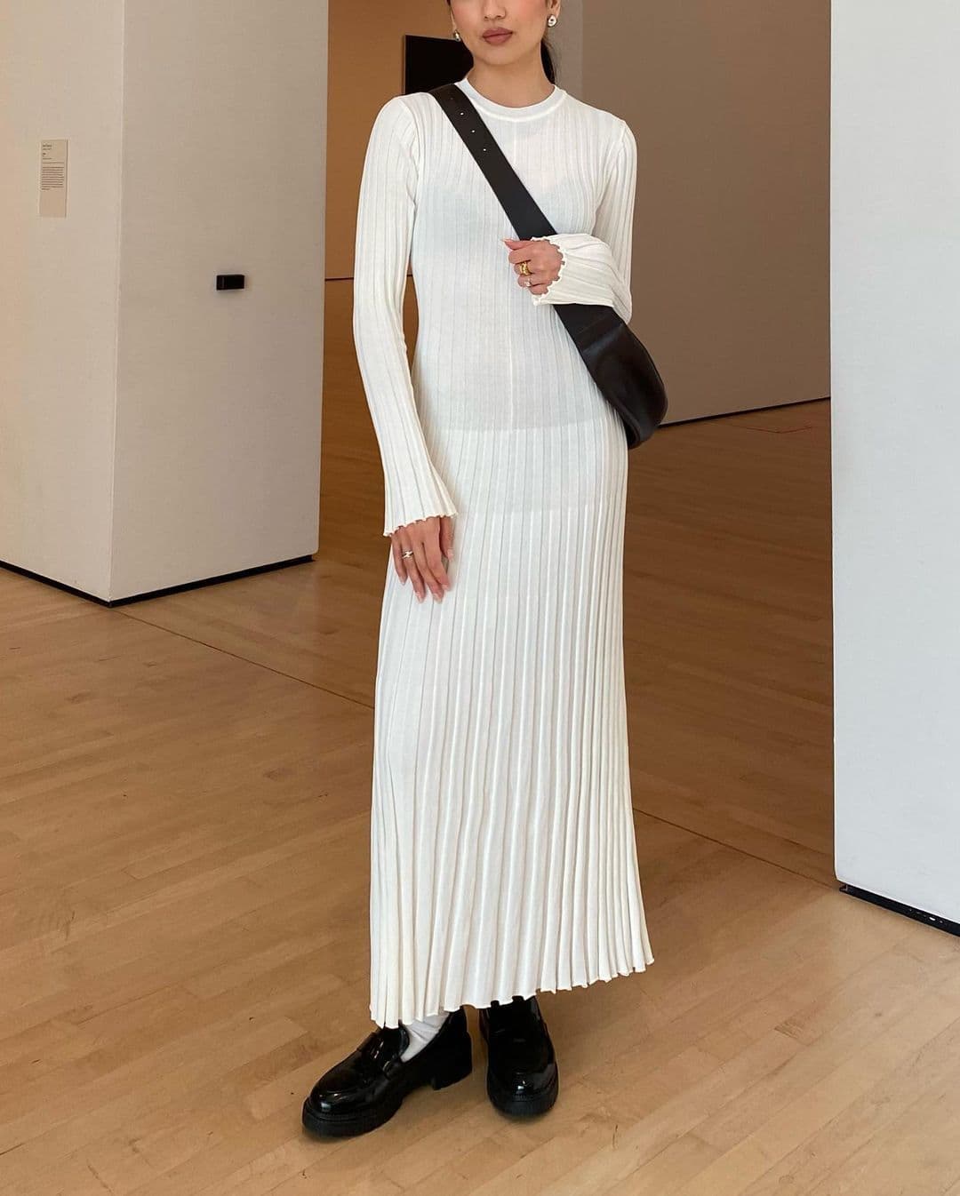image-Women's Knitted A-Line Dress Long Sleeve High Waist Black