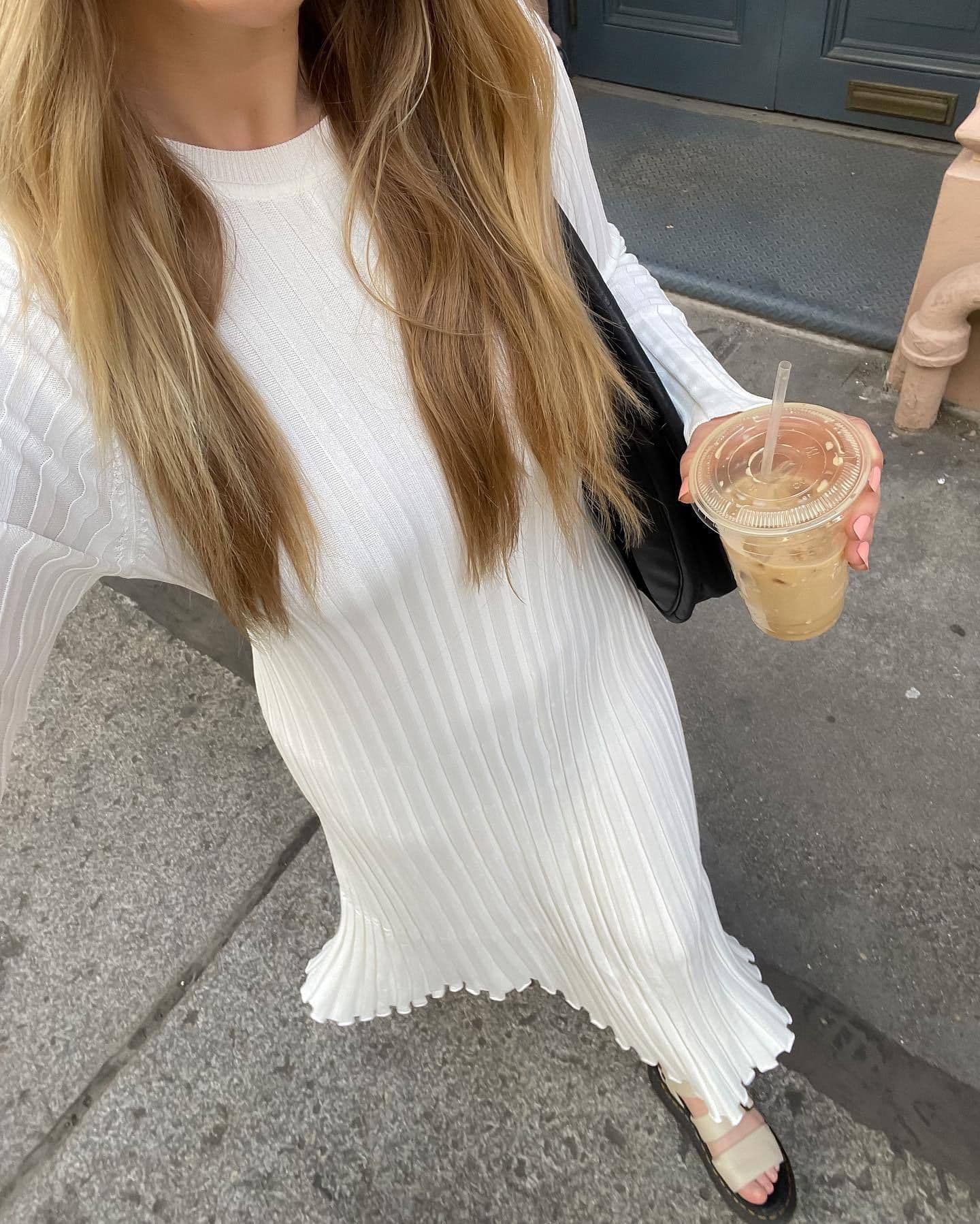 image-Women's Knitted A-Line Dress Long Sleeve High Waist Black