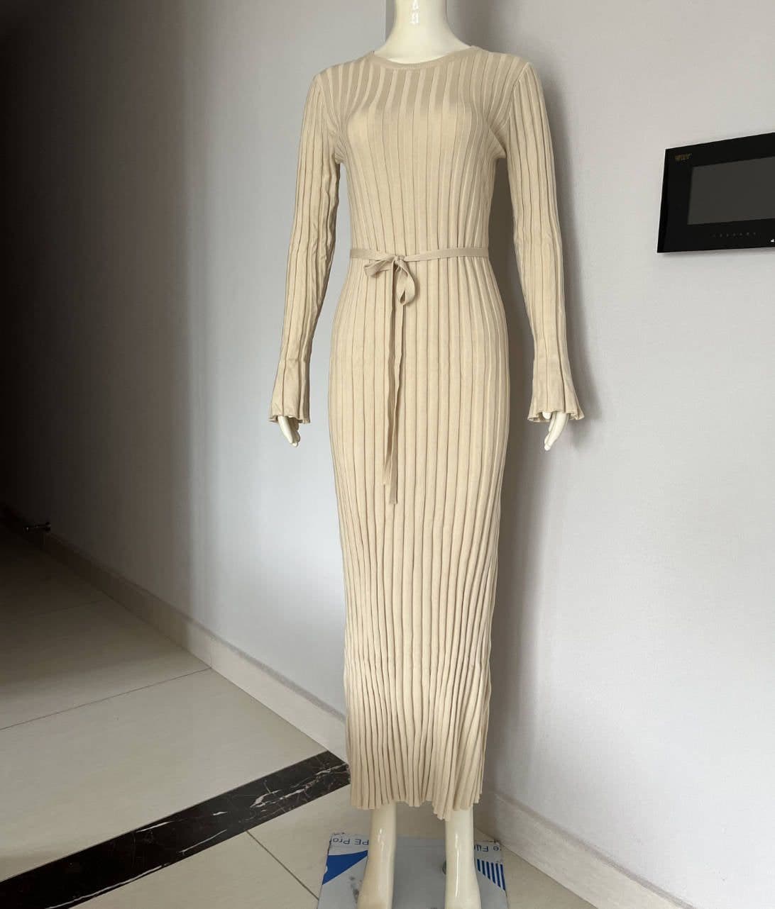 image-Women's Knitted A-Line Dress Long Sleeve High Waist Black
